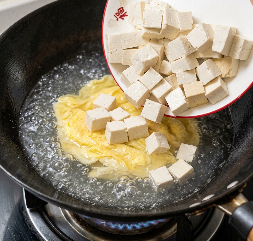 Cubos de tofu siendo añadidos a una sartén con caldo de huevo hirviendo a fuego lento.