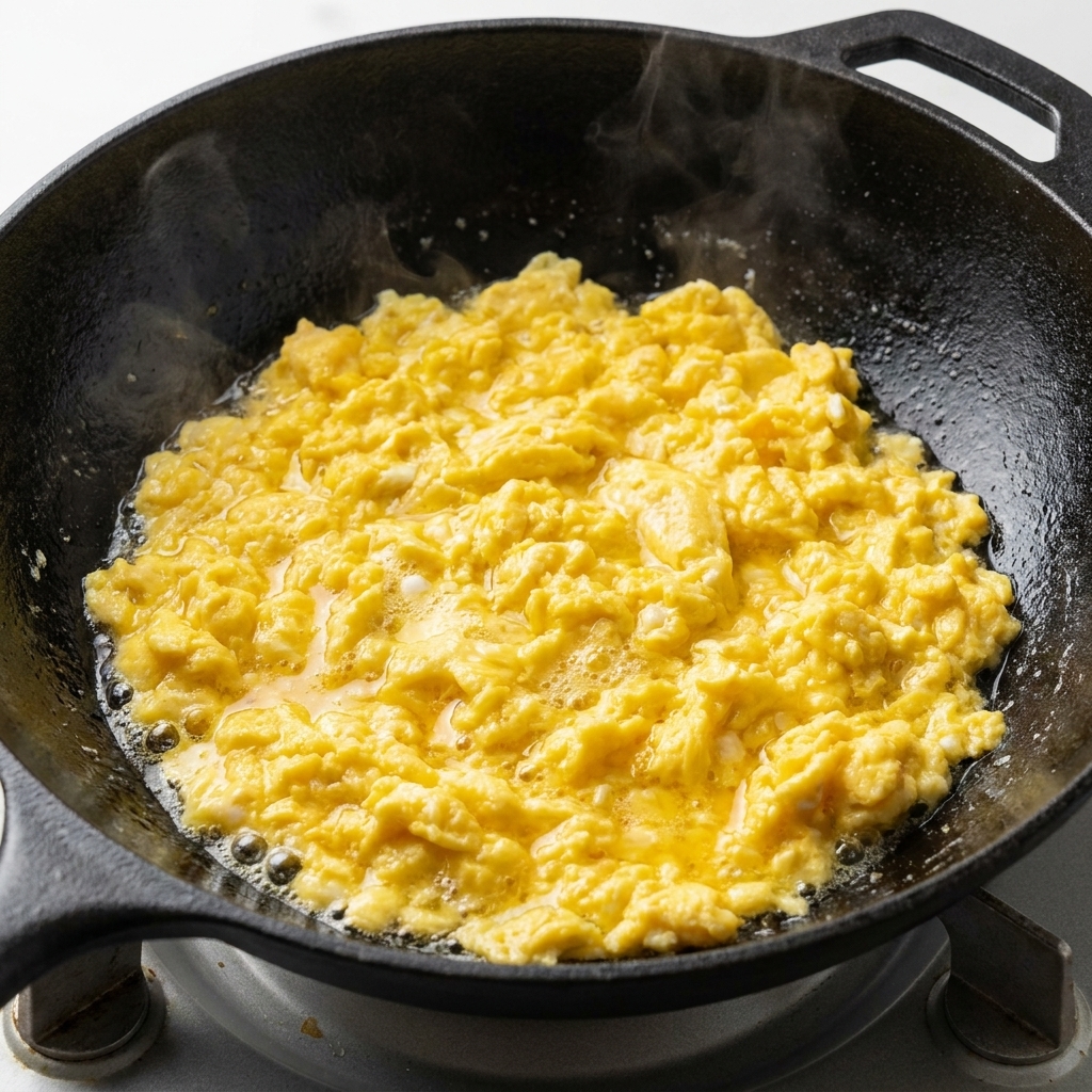 Mezcla de huevo salado salteada, burbujeante y fragante en un wok.