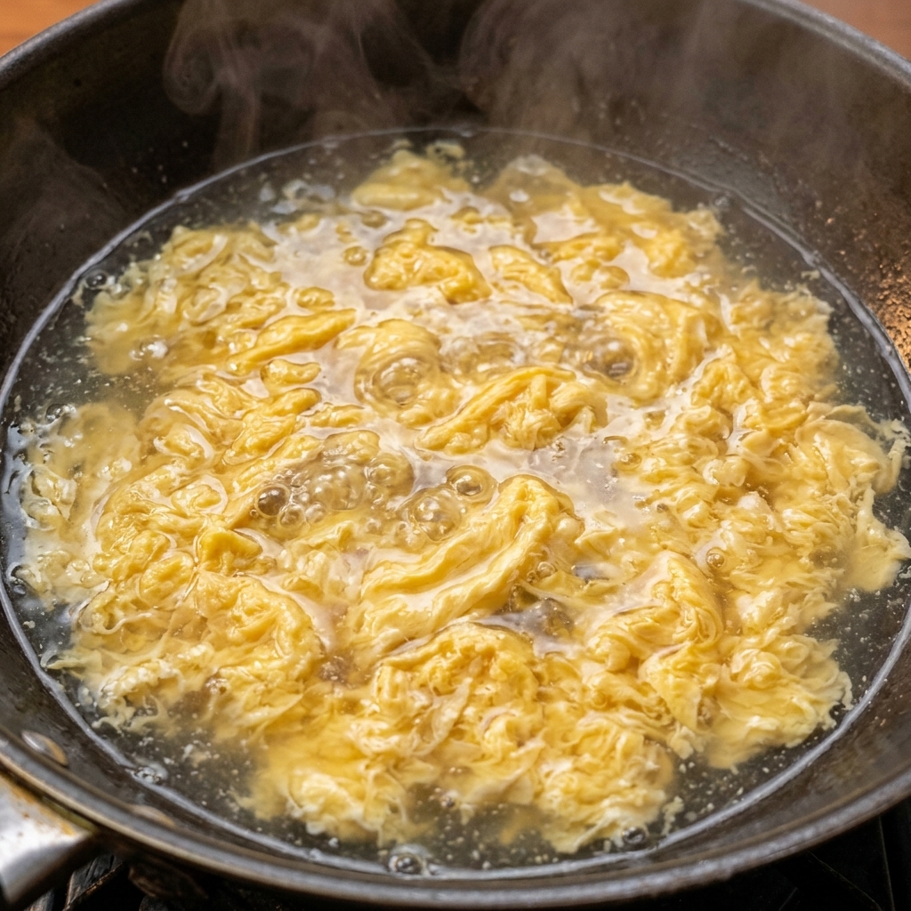 Agua hirviendo siendo vertida en un wok con huevos salados cocidos.