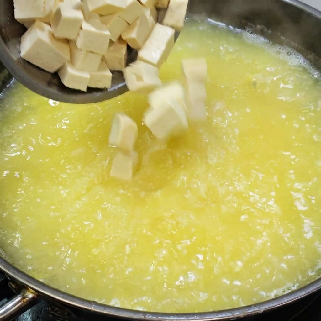 Cubos de tofu siendo añadidos a una olla de sopa de huevo salado a fuego lento.