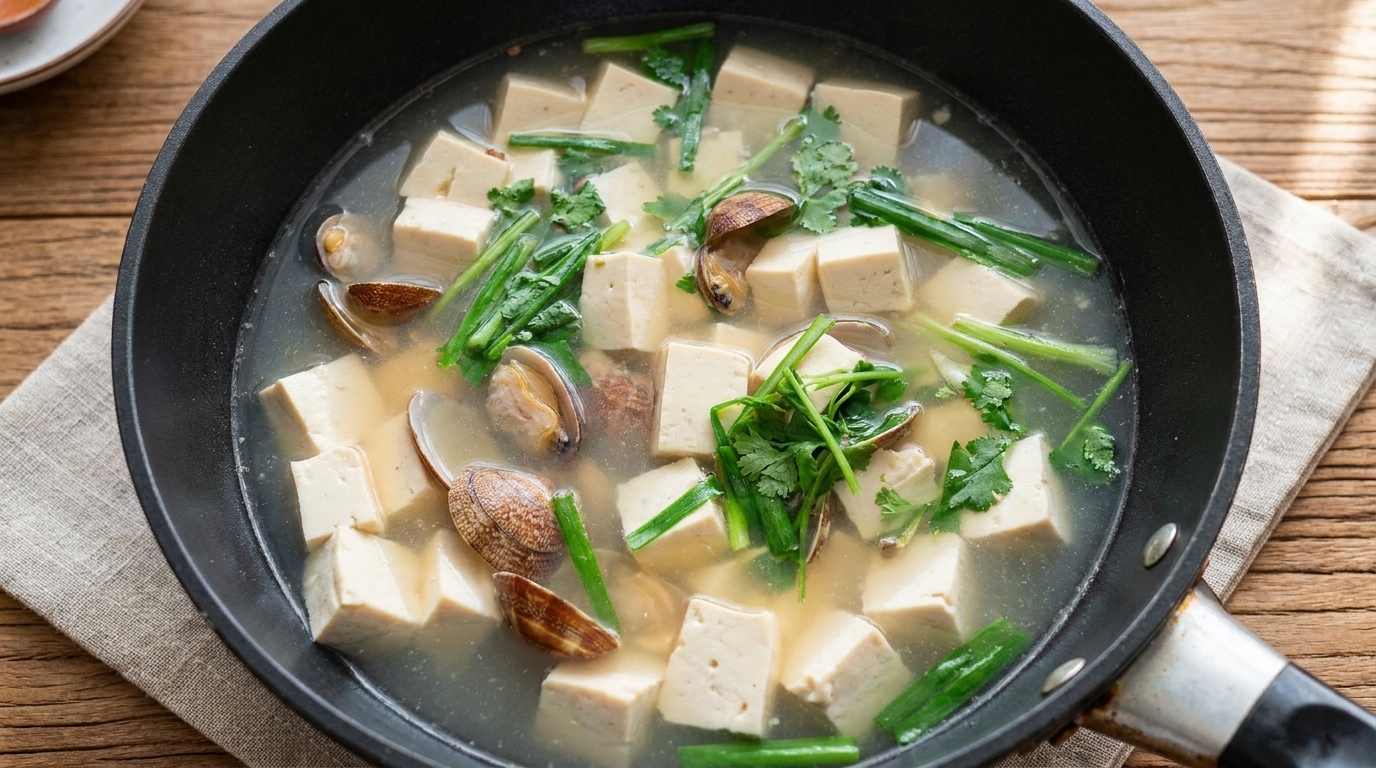 Un tazón nutritivo de sopa de almejas y tofu, con cubos de tofu delicado, almejas frescas y hierbas aromáticas en un caldo claro y sabroso.
