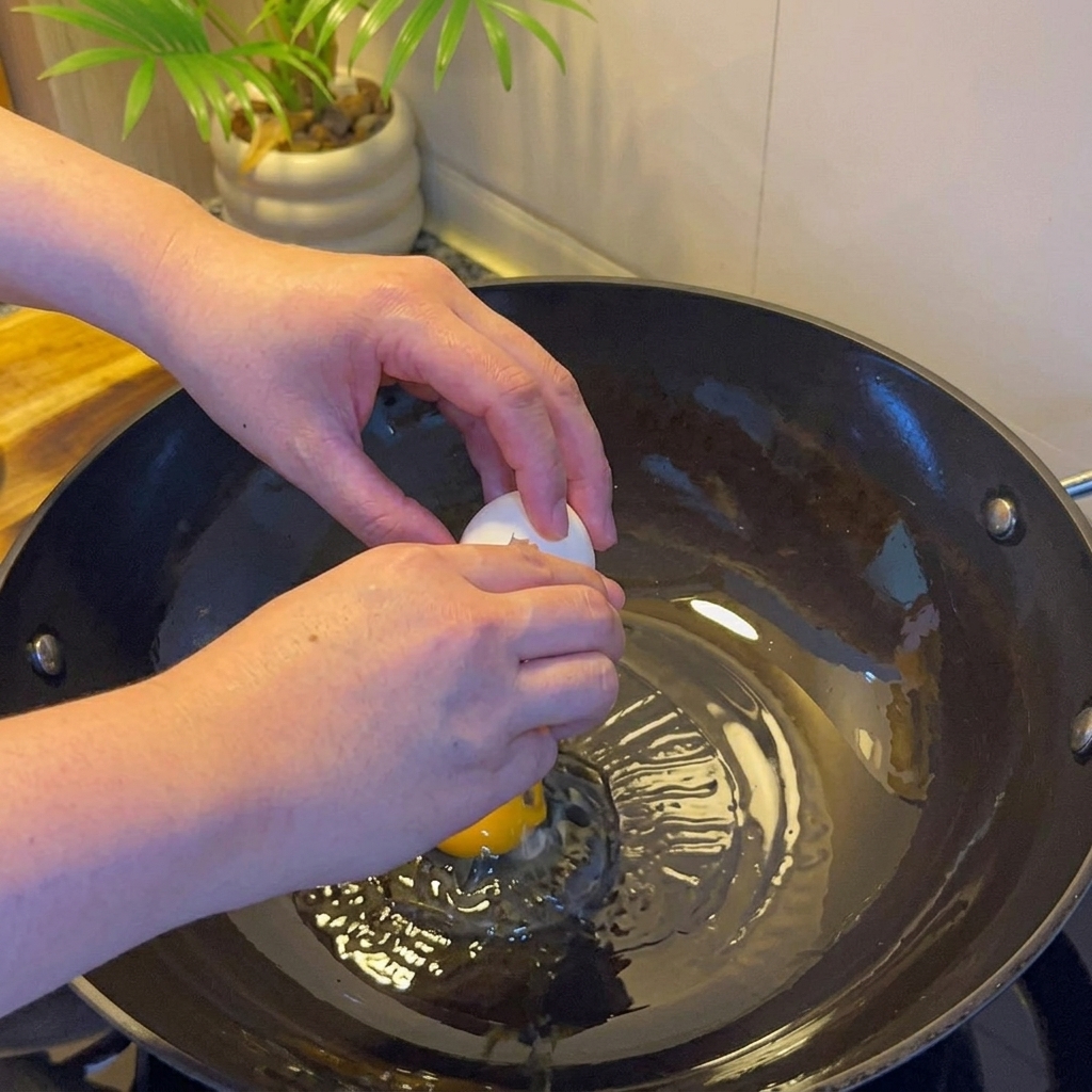 Un huevo frito dorado cocinándose en un wok con aceite.