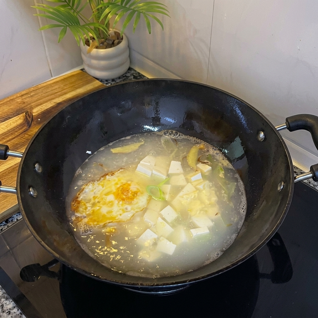Caldo de sopa con huevo y cubos de tofu siendo sazonados.