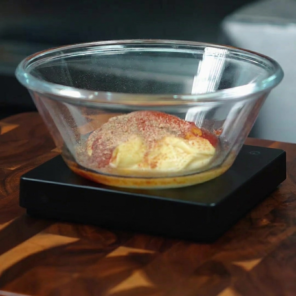La mezcla de salsa en un tazón de vidrio cubierta con chile en polvo, pimienta negra y sal.