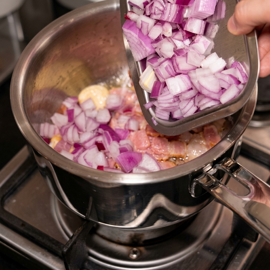 Cebolla morada picada siendo vertida en una cacerola con ajo y tocino.