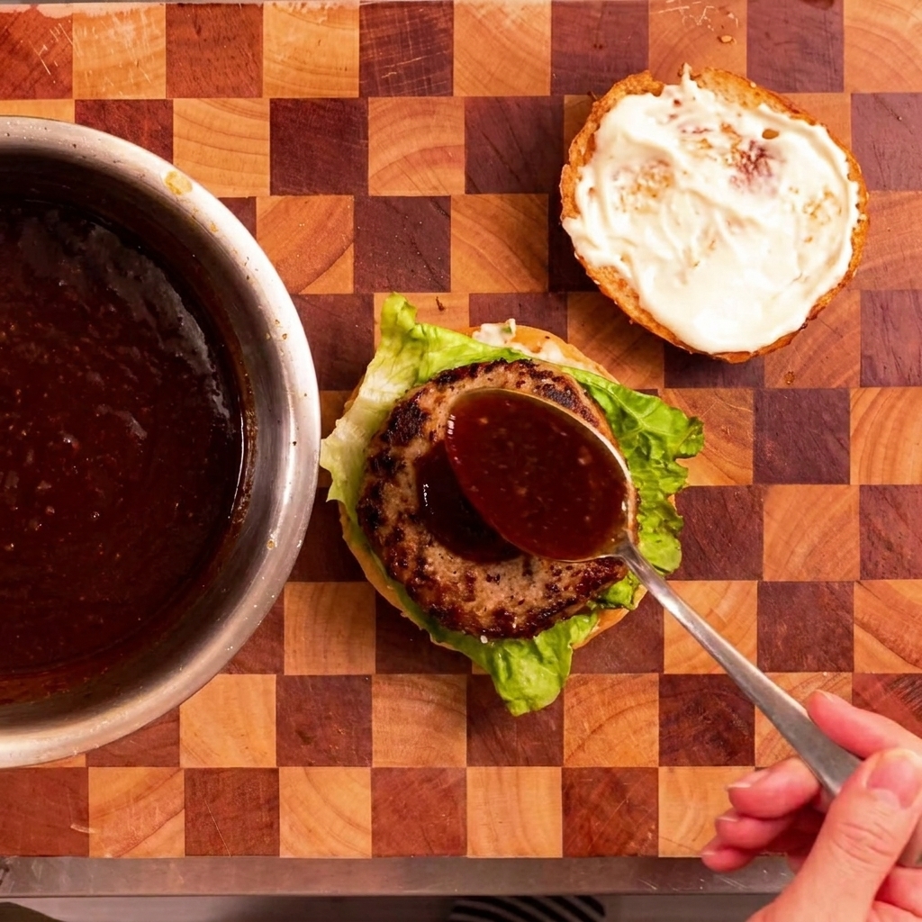 Primer plano de una cuchara vertiendo salsa teriyaki oscura y brillante sobre una carne cocida colocada sobre una cama de lechuga fresca.