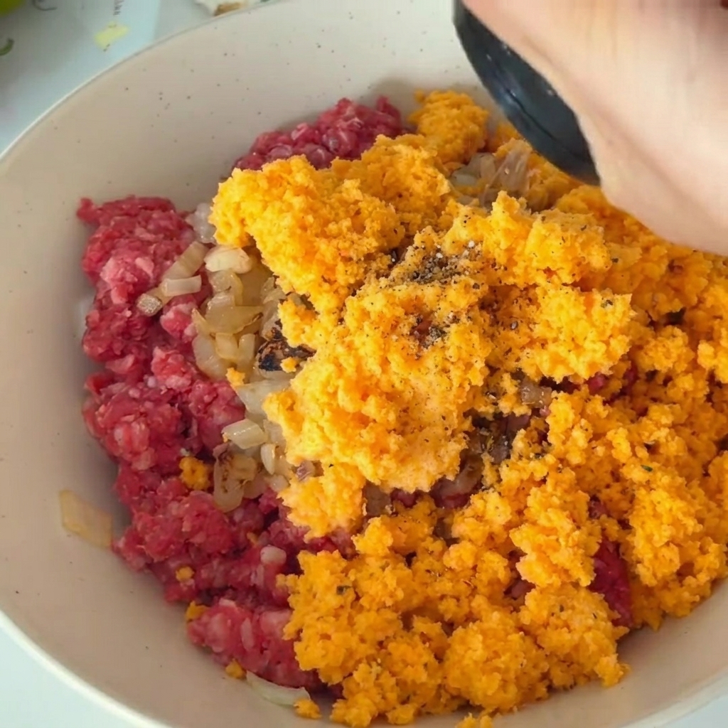 Pimienta negra recién molida y sal siendo añadidas a la mezcla de carne y verduras crudas.