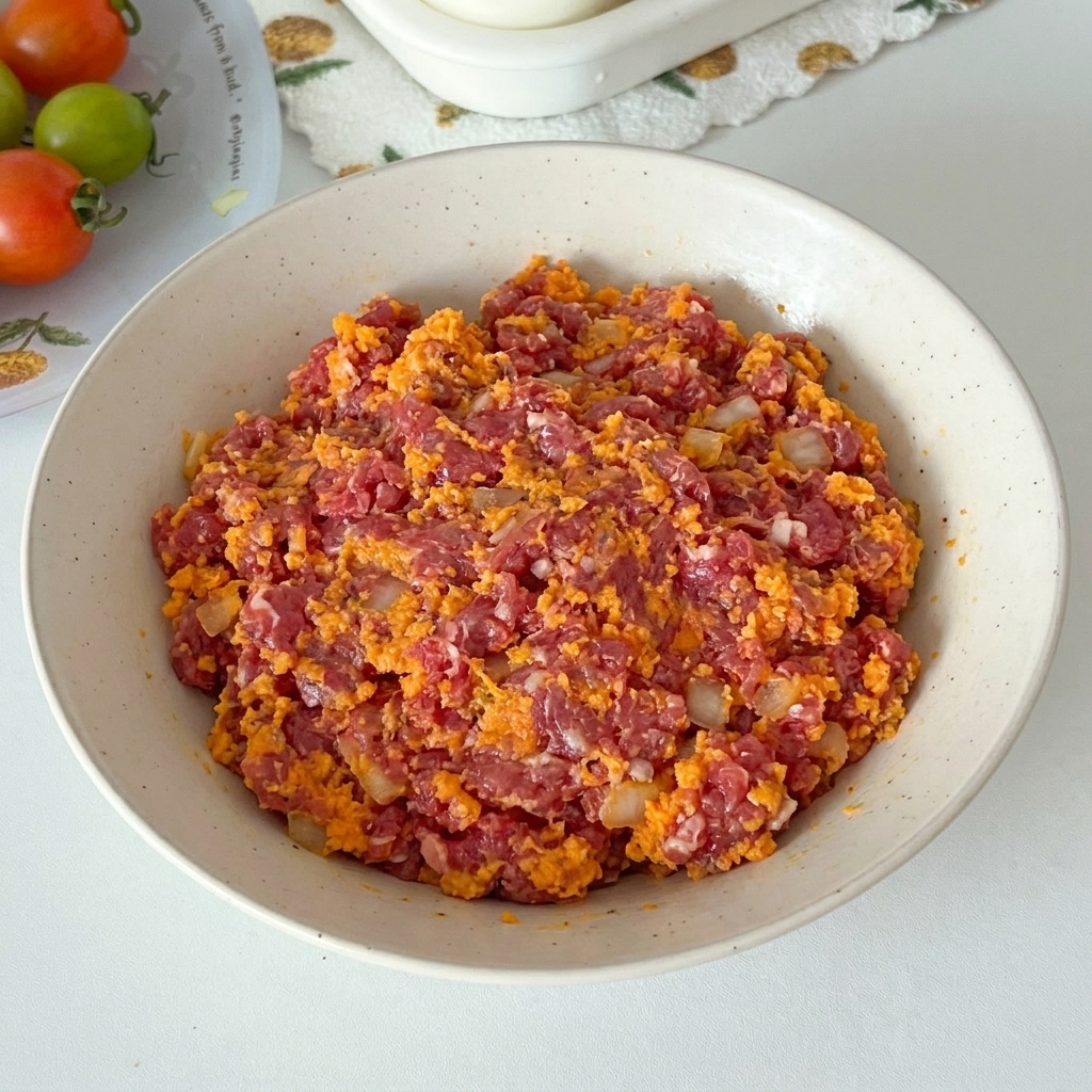 Un tazón con carne picada, cebollas cocidas y pan rallado siendo mezclado a mano con un guante.