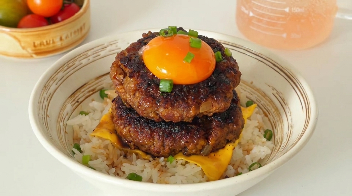 Tazón de Arroz con Hamburguesa al Estilo Japonés (Loco Moco)