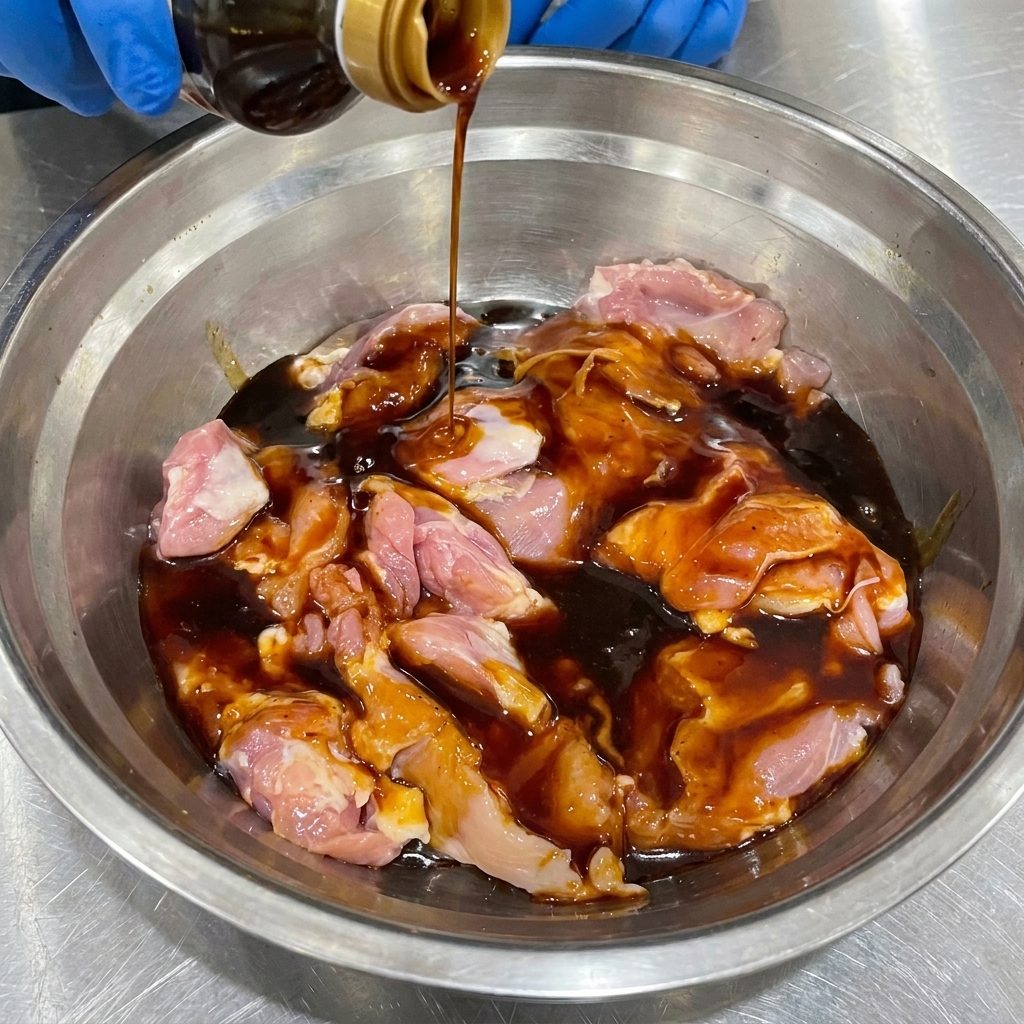 Muslos de pollo crudos deshuesados en un tazón de metal siendo cubiertos con salsa teriyaki oscura japonesa.