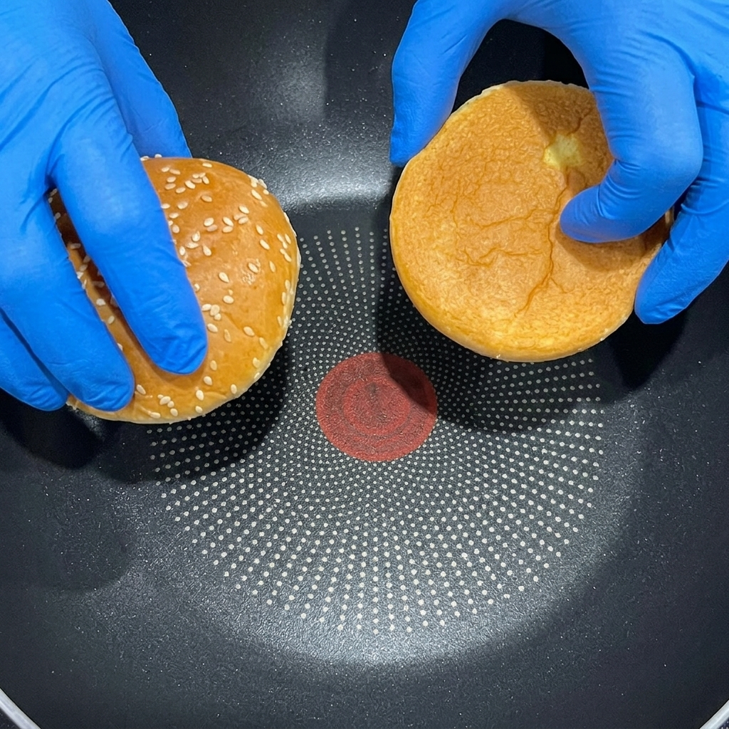 Panes de hamburguesa brioche siendo tostados en una sartén.