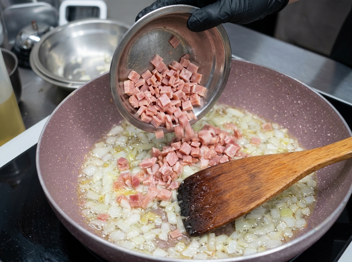 Pequeños trozos de tocino siendo mezclados con la mezcla de cebolla y ajo salteados.
