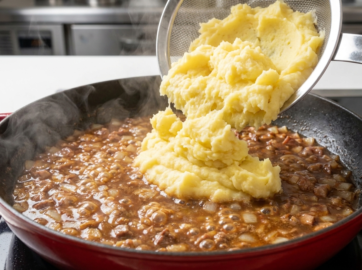 Una porción grande de puré de patatas suave siendo añadida a una sartén con ingredientes a fuego lento.