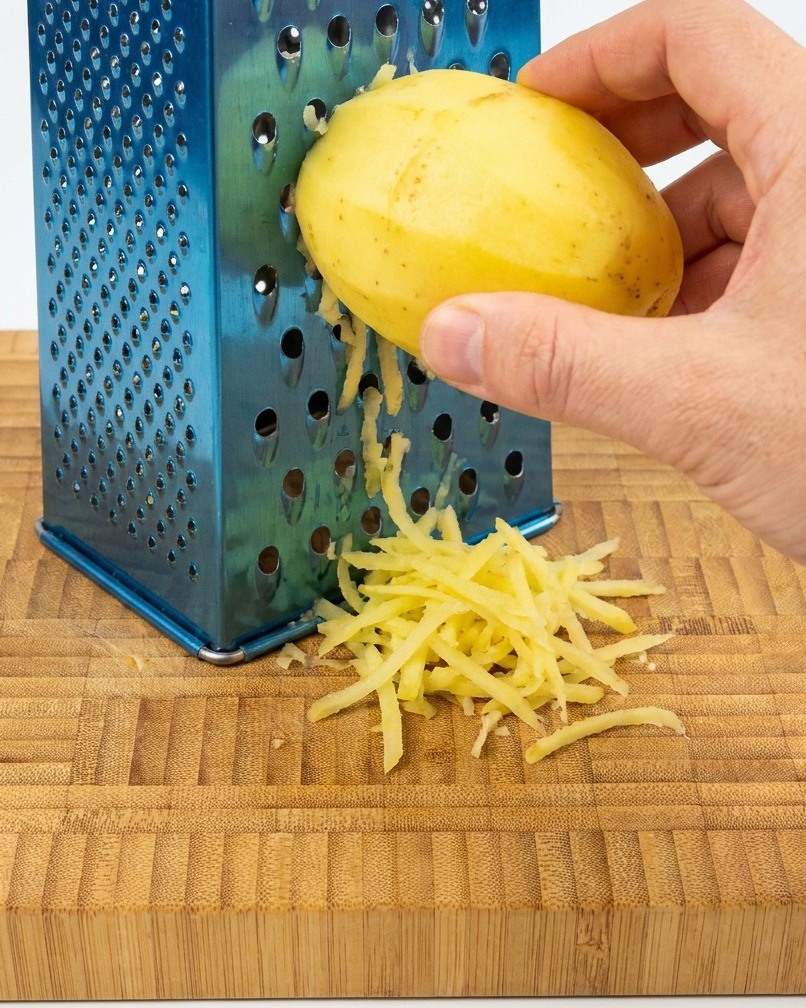 Patata finamente rallada sobre una tabla de madera junto a un rallador manual azul.