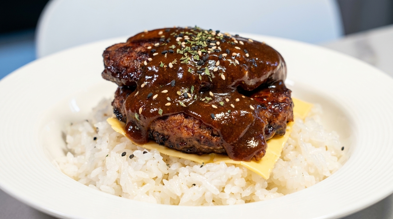 Cuenco de Arroz con Hamburguesa de Doble Capa