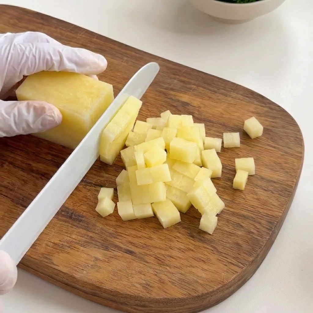 Cubos de patata cortados uniformemente sobre una tabla de madera.
