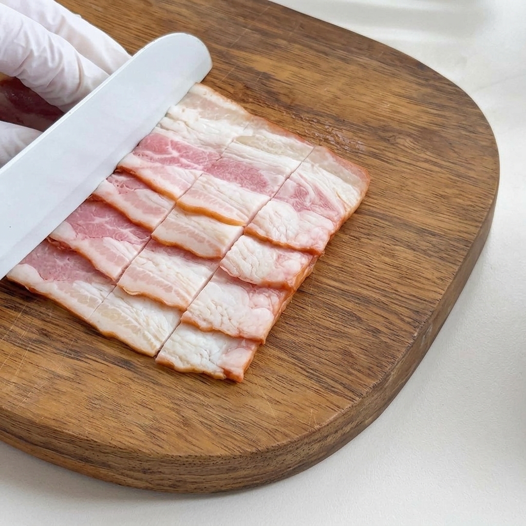 Tiras de tocino cortadas en trozos pequeños y uniformes.