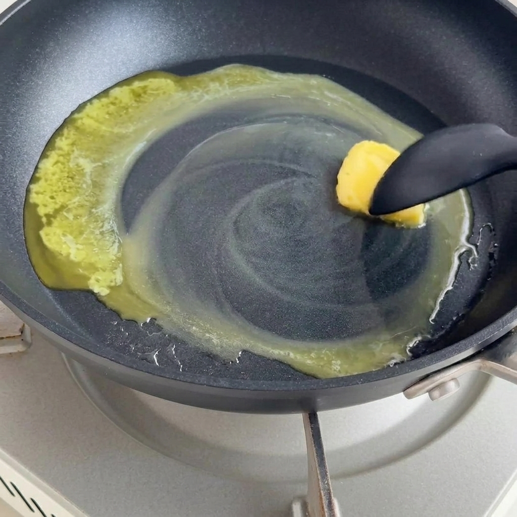 Mantequilla derritiéndose en una sartén con harina para formar un roux.