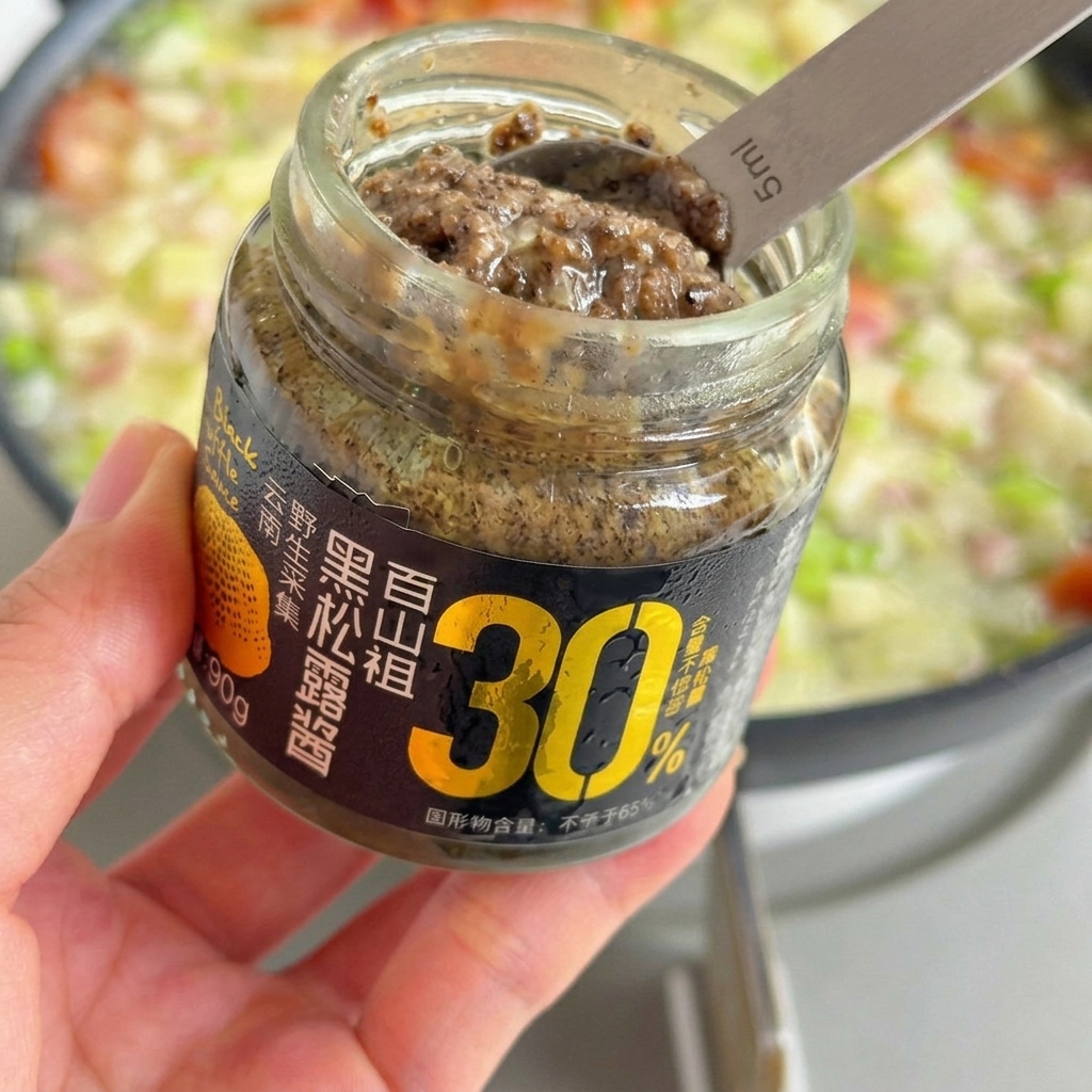 Salsa de trufa siendo mezclada con las verduras salteadas.