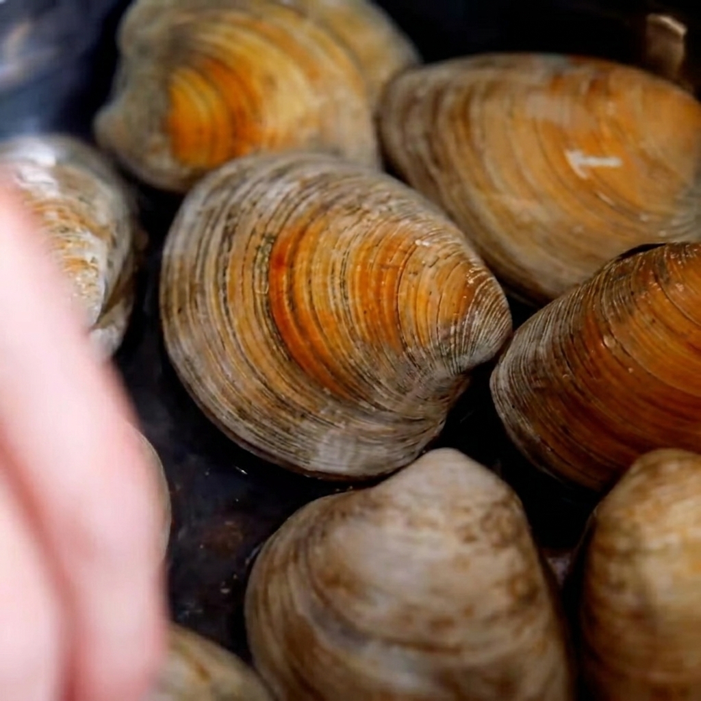 Almejas frescas cocinándose en una olla con agua caliente, comenzando a abrir sus conchas.