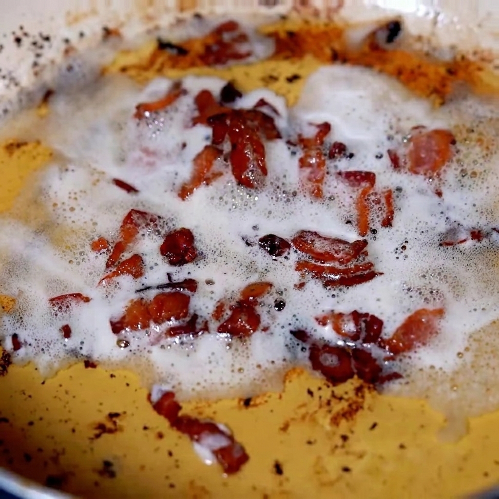 Verduras picadas y tocino cocinándose juntos en una sartén.