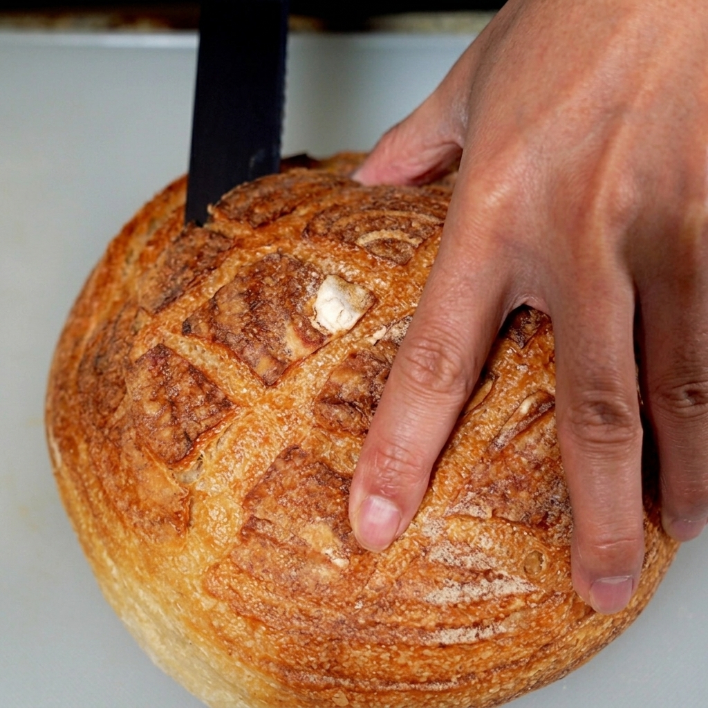 Un pan de masa madre vaciado, listo para ser llenado con crema de almejas caliente.