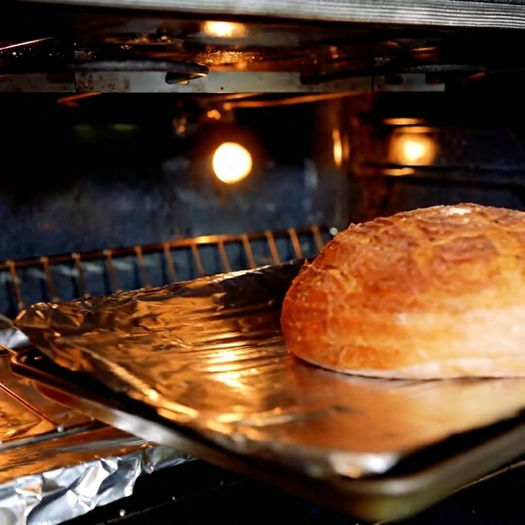 Cuenco de pan de masa madre dentro del horno, siendo tostado hasta obtener un acabado crujiente.