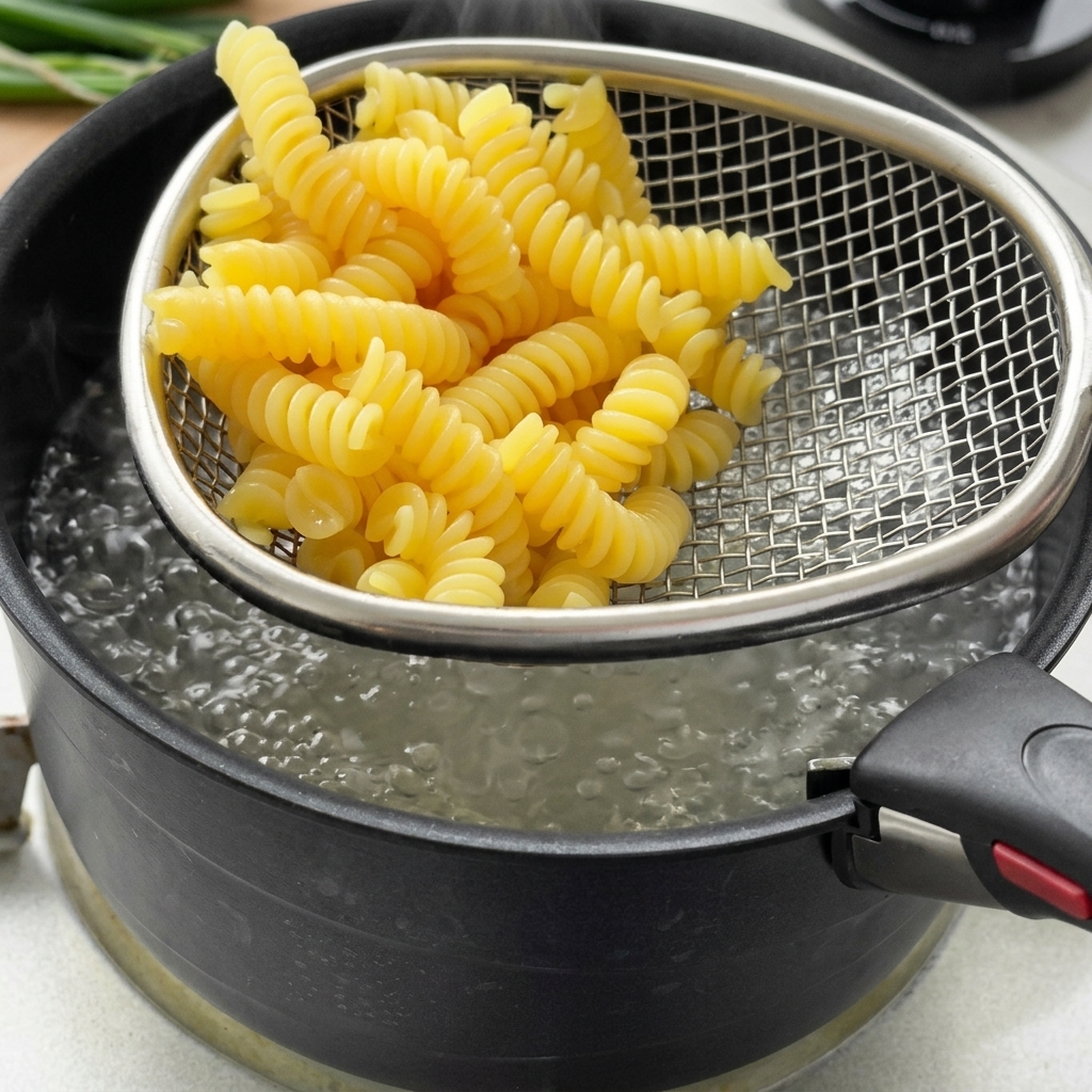 Trozos de espárrago siendo añadidos a la olla con agua hirviendo que contiene pasta.