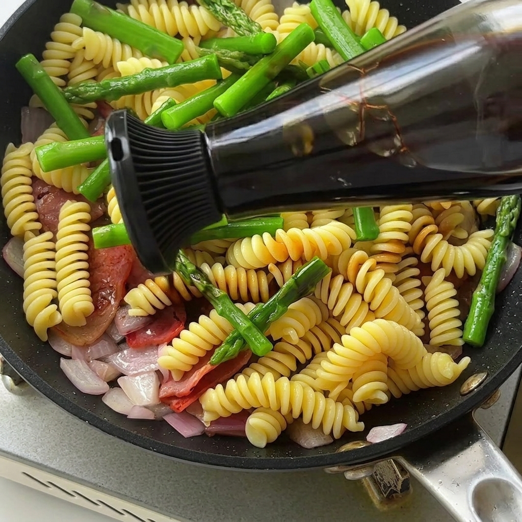 Primer plano de una sartén con pasta fusilli, espárragos salteados y tocino siendo sazonados con una salsa oscura y rica.