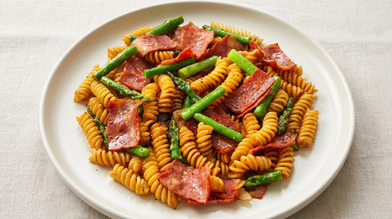 Fusilli con Tocino y Espárragos a la Trufa Negra