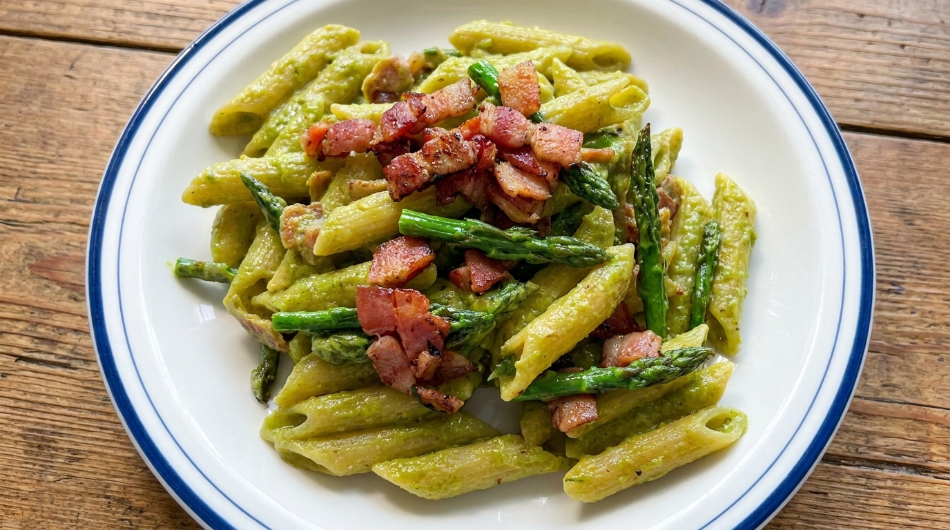 Pasta cremosa con espárragos y panceta