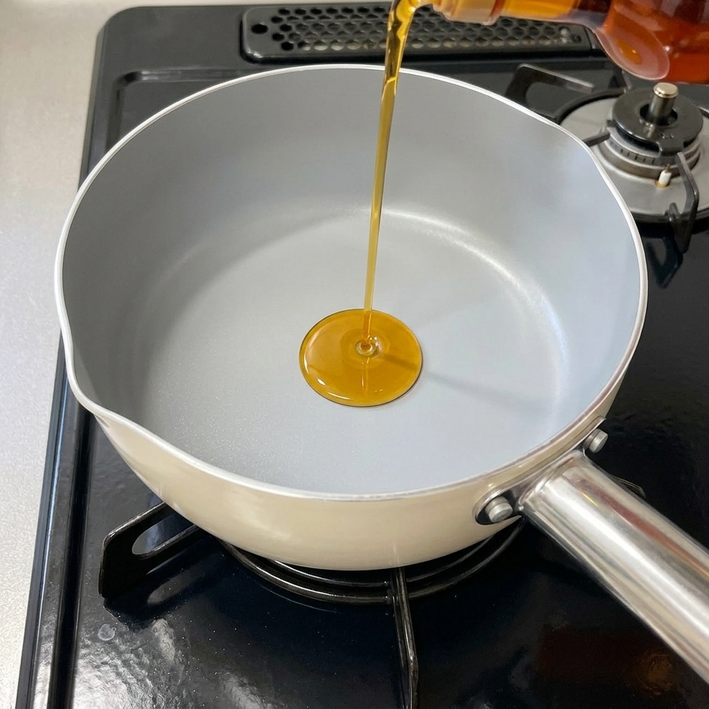 Láminas de ajo chisporroteando en una sartén con aceite caliente.