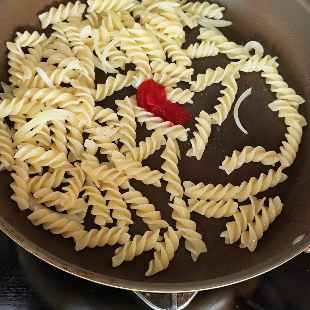 Pasta en una sartén siendo sazonada con concentrado de tomate y salsa de soja.