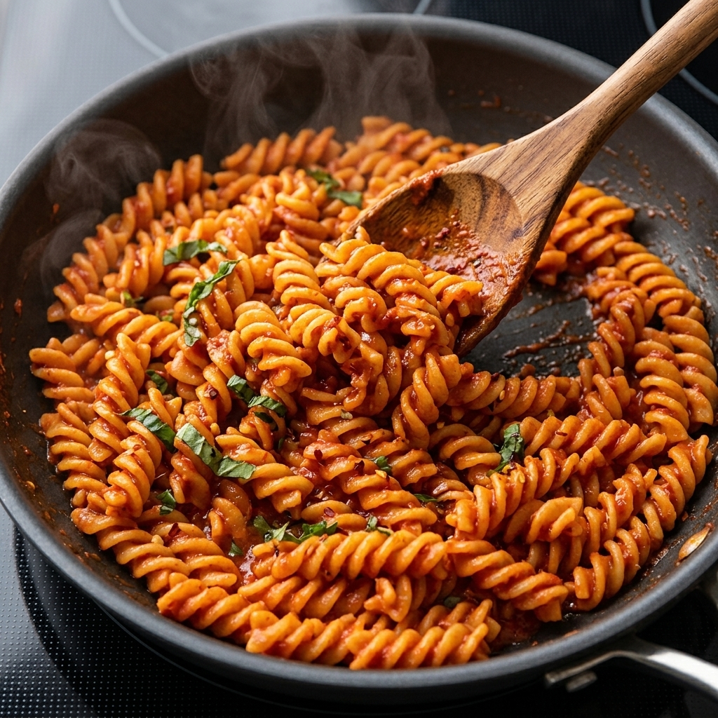 Una sartén con pasta siendo flambeada con una llama controlada, realzando el plato con un sabor ahumado.