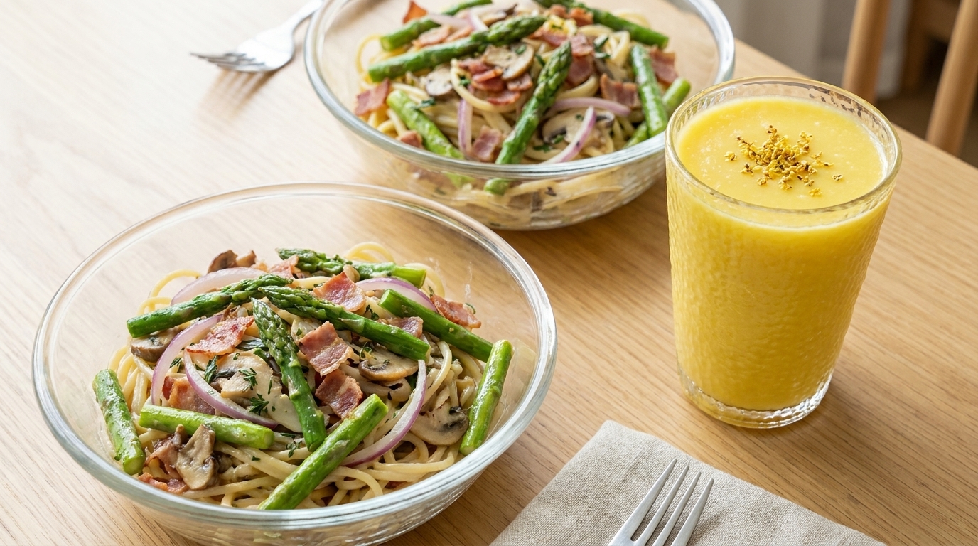 Pasta Cremosa con Espárragos y Tocino con Jugo de Maíz Fresco
