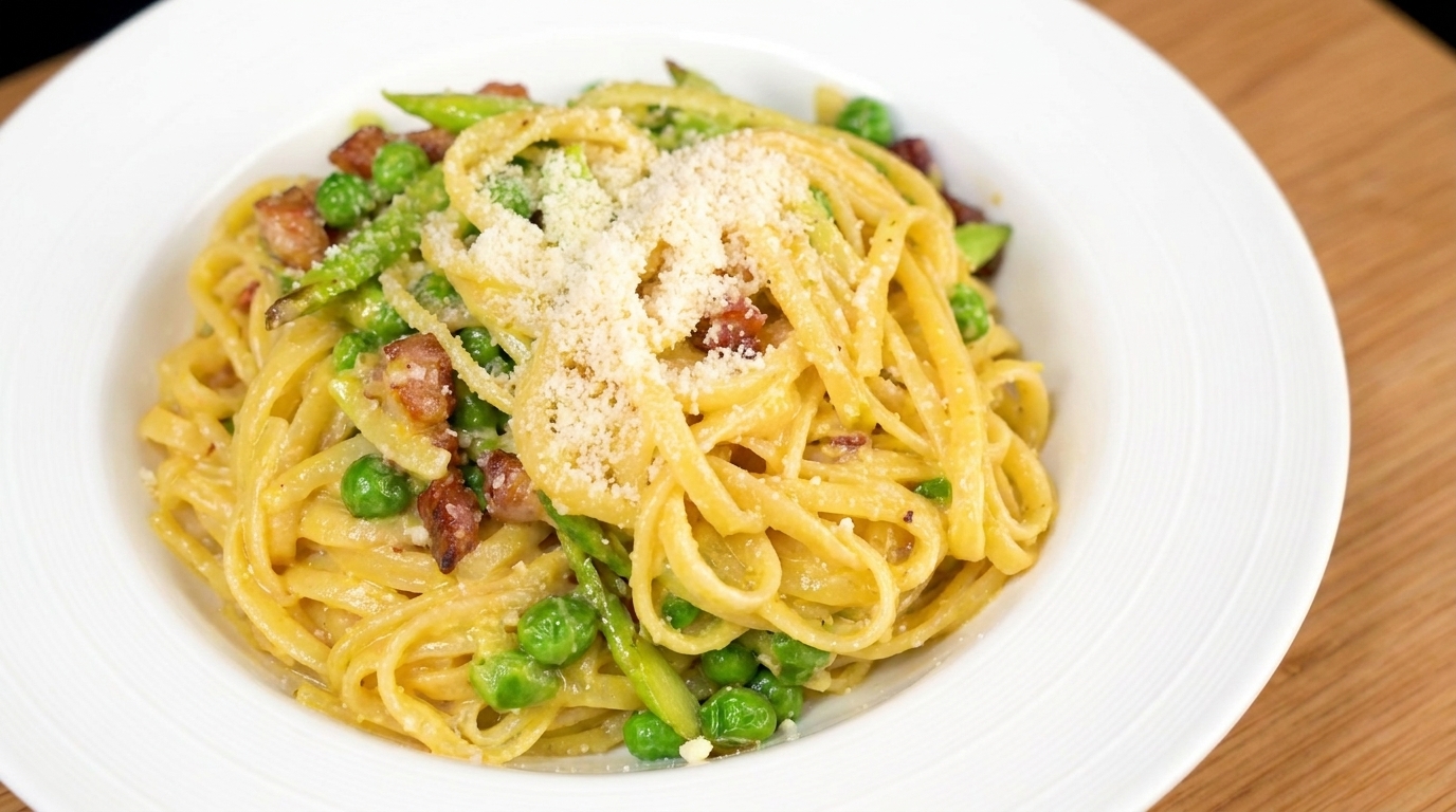 Pasta Cremosa con Espárragos, Guisantes y Tocino Crujiente