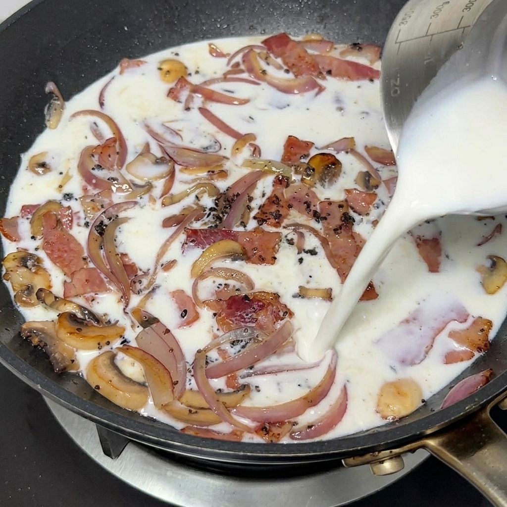 Leche siendo vertida desde una taza medidora a una sartén con bacon, cebolla y champiñones.