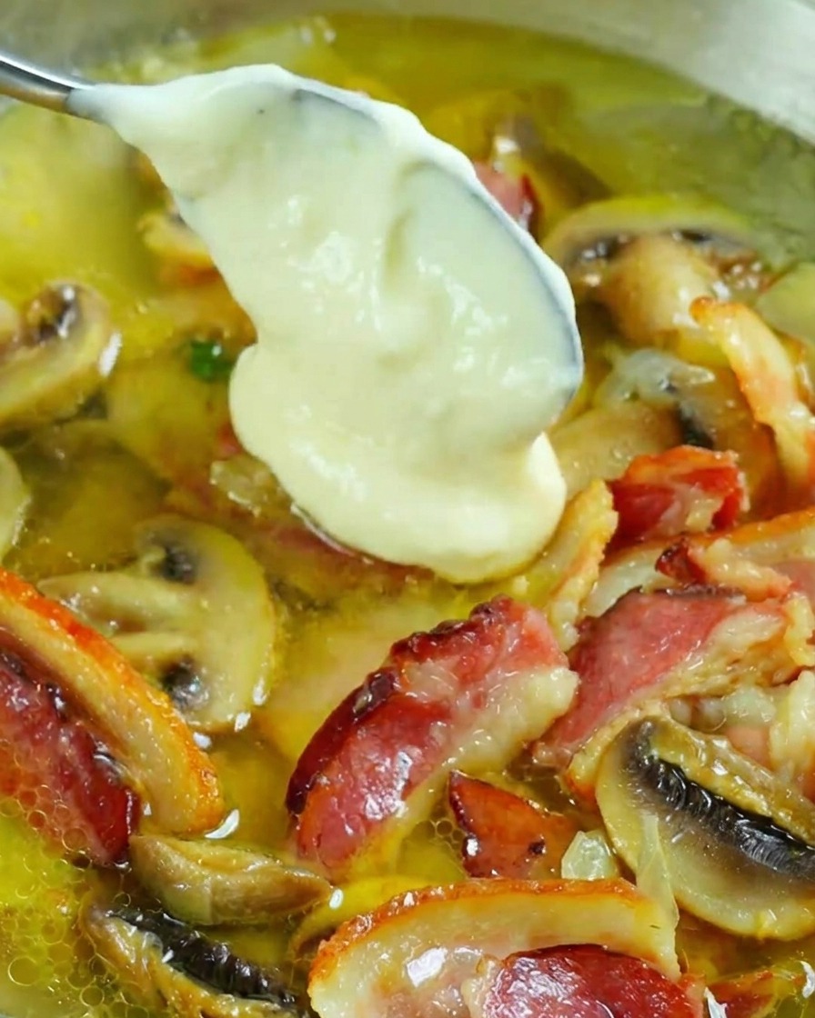 Una cucharada de salsa blanca cremosa siendo mezclada en la sartén con bacon y champiñones.