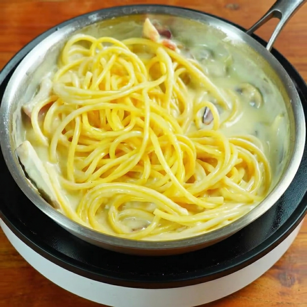 Espaguetis siendo removidos en una sartén con salsa blanca cremosa y trocitos de bacon.