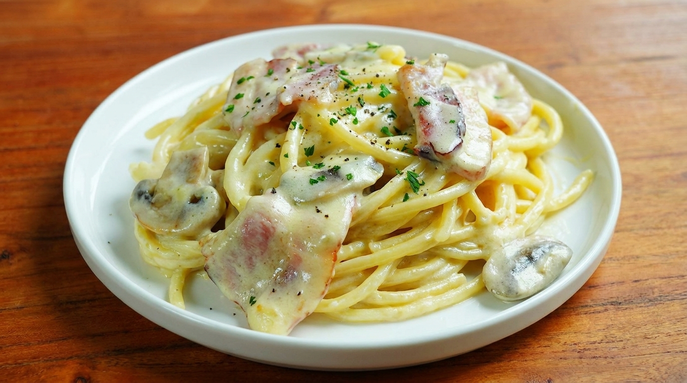 Espaguetis Cremosos con Bacon y Champiñones