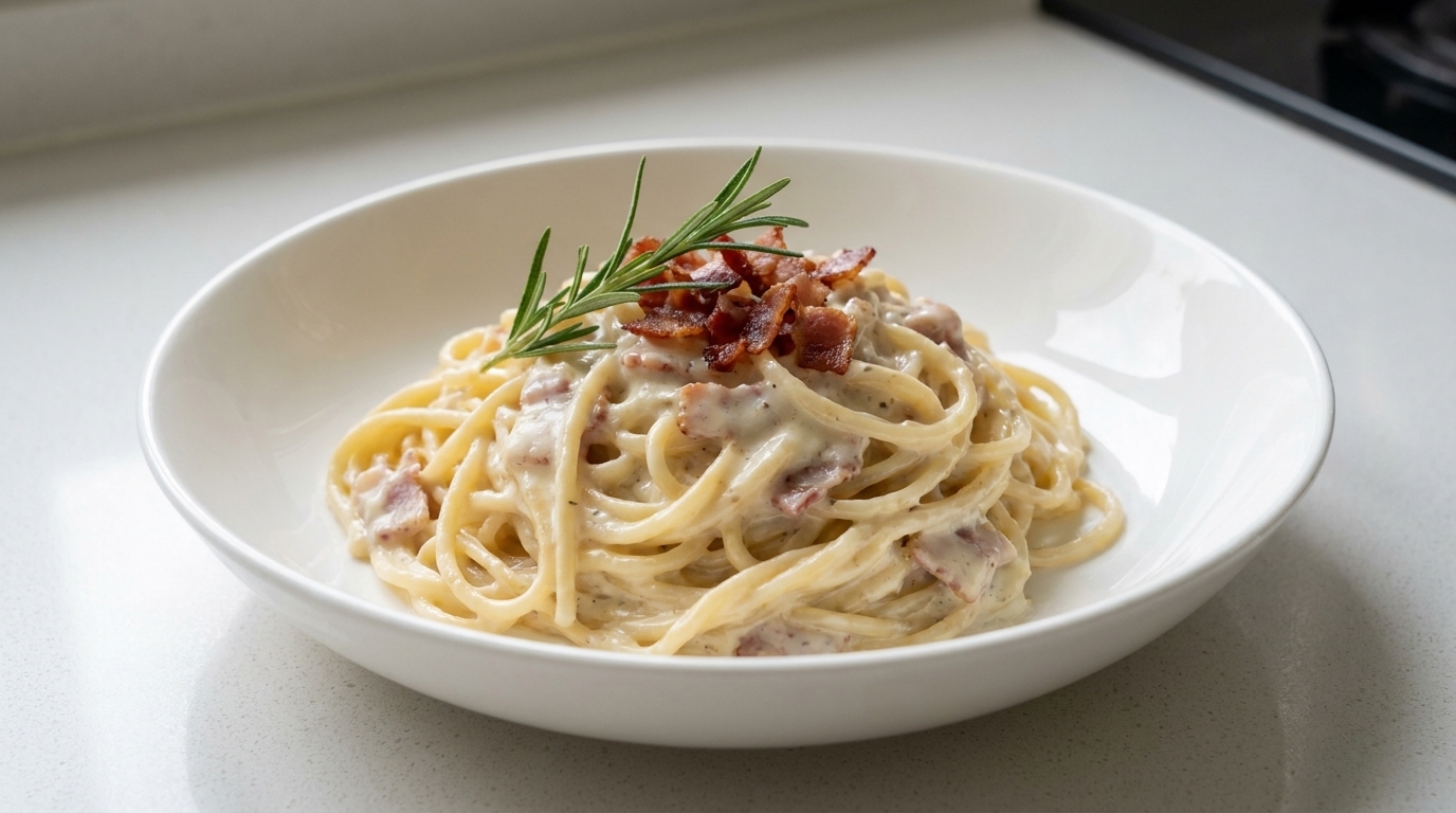 Pasta Cremosa con Tocino y Champiñones
