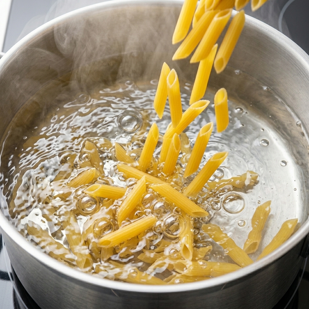 Pasta penne seca siendo vertida en una olla de agua hirviendo y humeante.