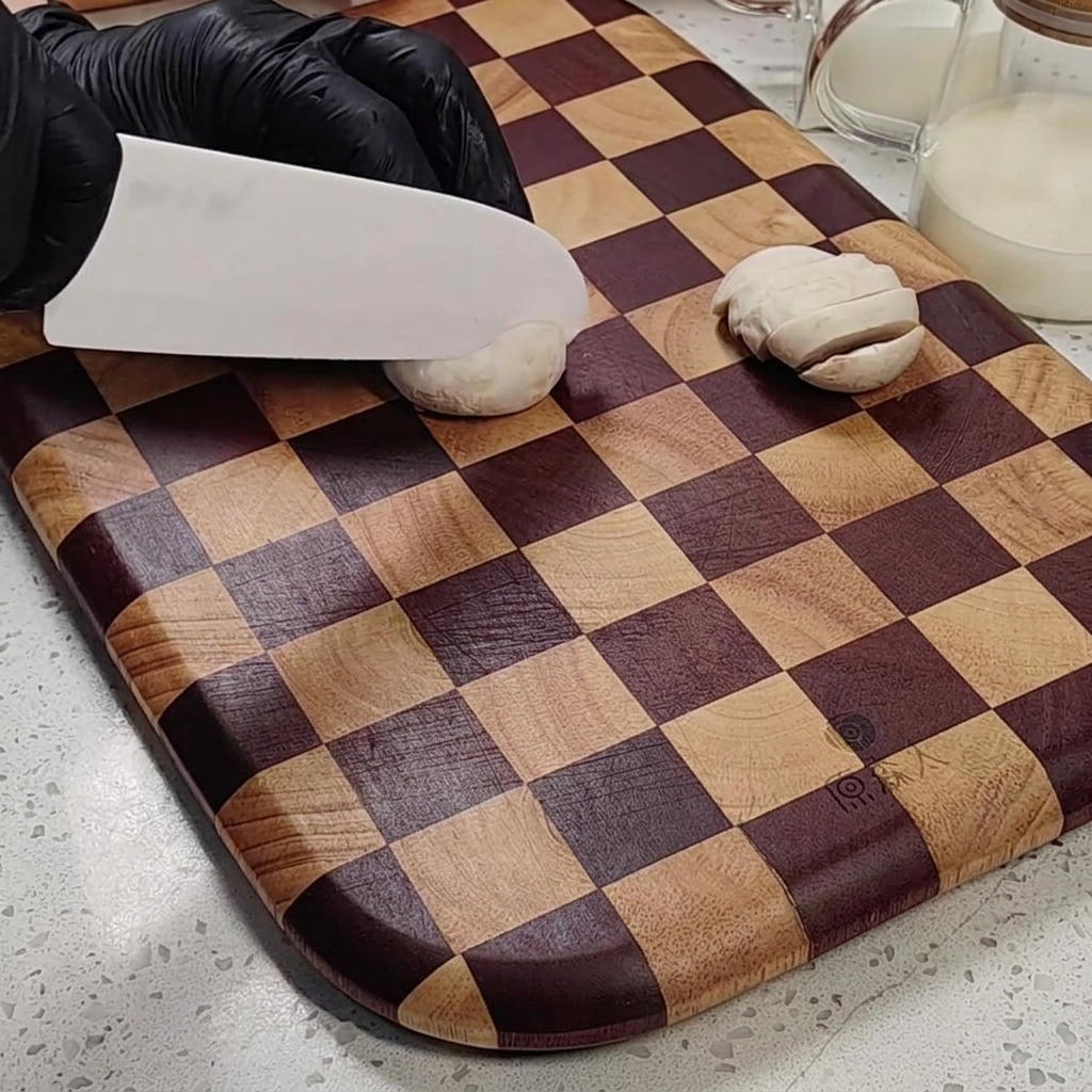 Primer plano de champiñones siendo cortados sobre una tabla de madera.