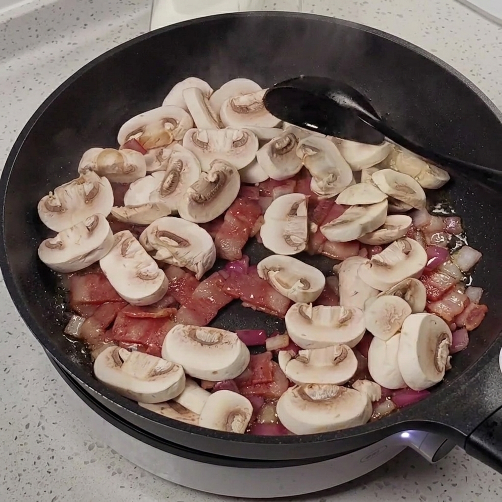 Champiñones laminados añadidos a la sartén con bacon y cebolla.