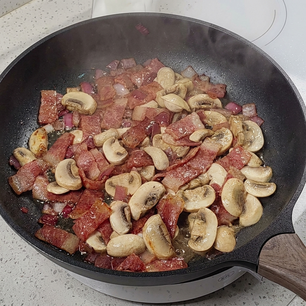 Condimentando la mezcla de champiñones y bacon con un molinillo de sal y pimienta.