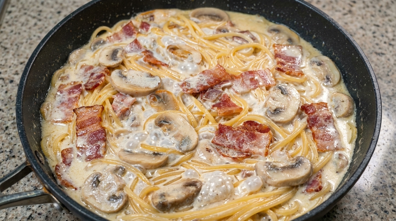 Espaguetis Cremosos con Bacon y Champiñones