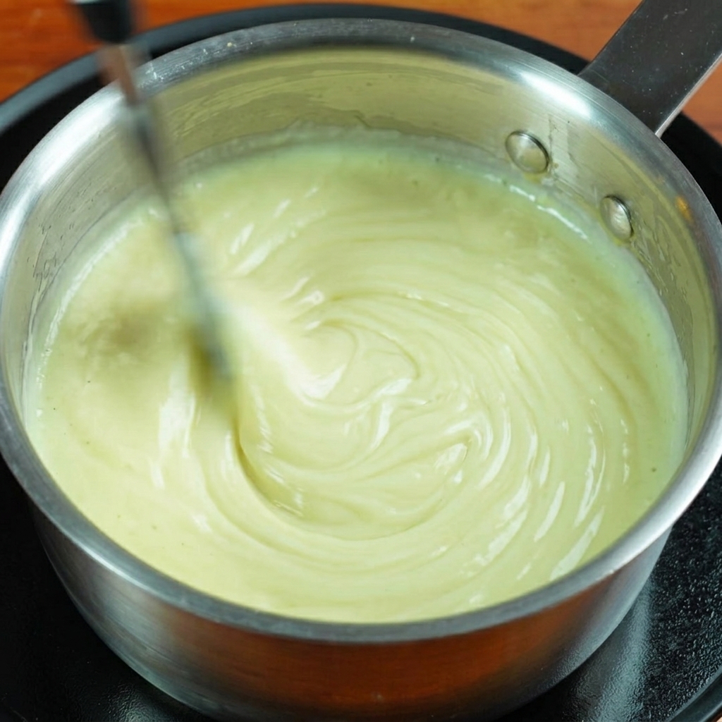 Crema líquida para batir vertiéndose desde un envase a la sartén con tocino y pasta.