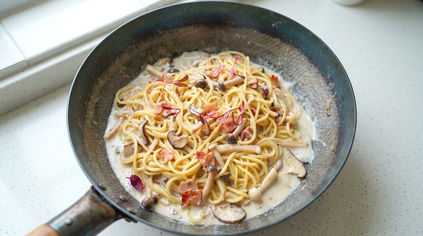 Pasta cabello de ángel con tocino y champiñones