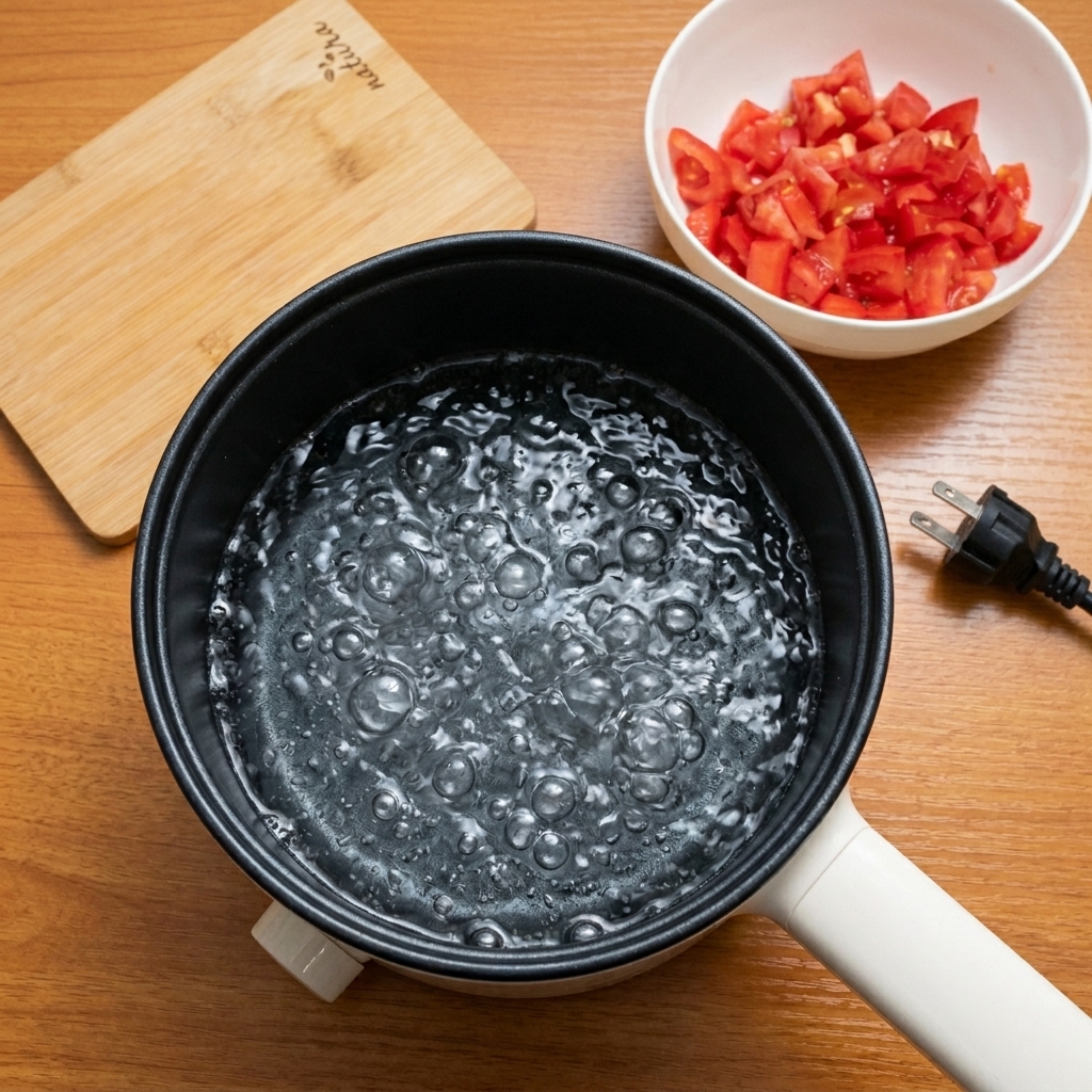Sal siendo espolvoreada en una olla de agua hirviendo, preparándola para los espaguetis.