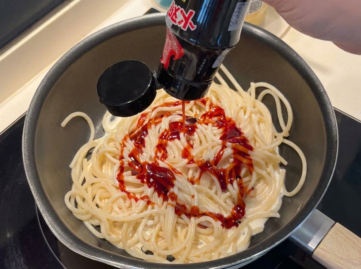 Salsa roja oscura de fideos picantes siendo añadida a los espaguetis.
